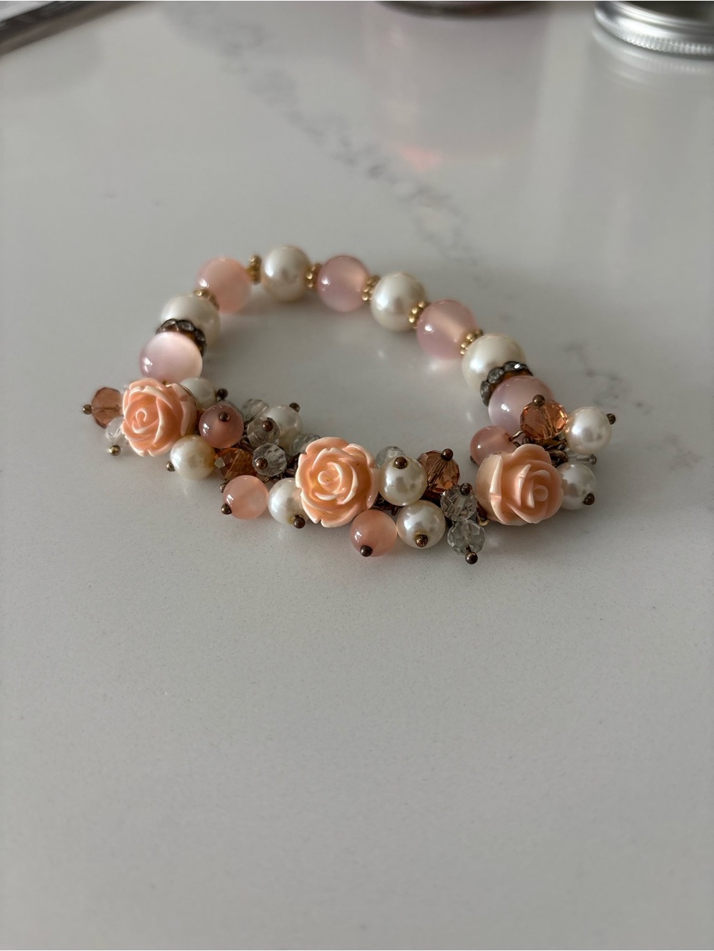 Blush Pink Rose & Faux Pearl Bracelet | Floral Statement Bracelet | Item 0388